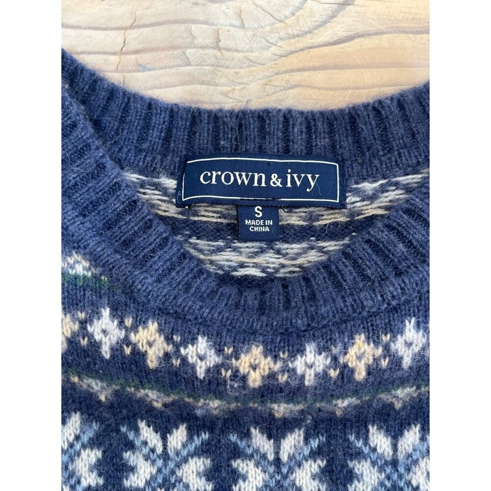 Crown & Ivy Hound Fair Isle Lambswool Sweater Mens S Blue Crew Neck - Picture 4 of 8